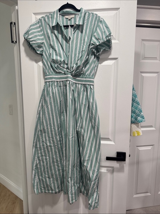 LOFT Dresses & Skirts - LOFT Mint Green and White Striped Midi Shirt Dress